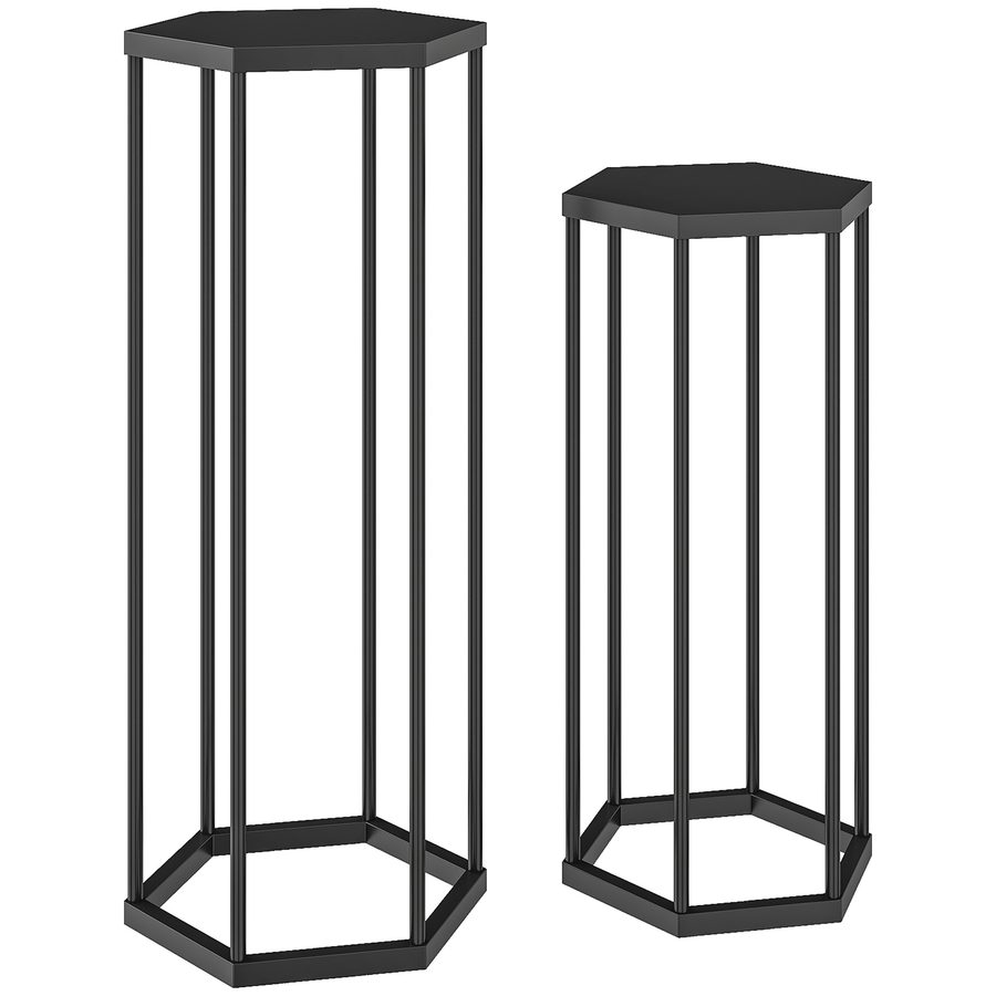 Outsunny 2er-Set Pflanzenständer, 75/60 cm Hexagonale Blumenständer für Innen Außen, Pflanzenregal aus Metall, Blumenregal, Blumenhocker,  Blumentopfständer für Garten Balkon Deko, Schwarz   Aosom von Outsunny