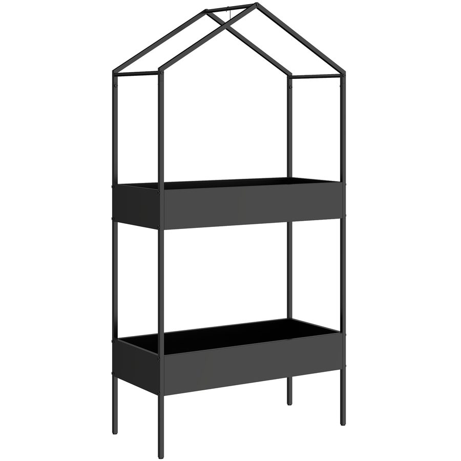 Outsunny 2-Etagen Pflanzenständer in Hausform, 150 cm hoch Blumenständer mit Haken, Metall Pflanzenregal, mehrstöckig Blumentopfständer Blumenregal für Garten Balkon Deko, Schwarz   Aosom von Outsunny