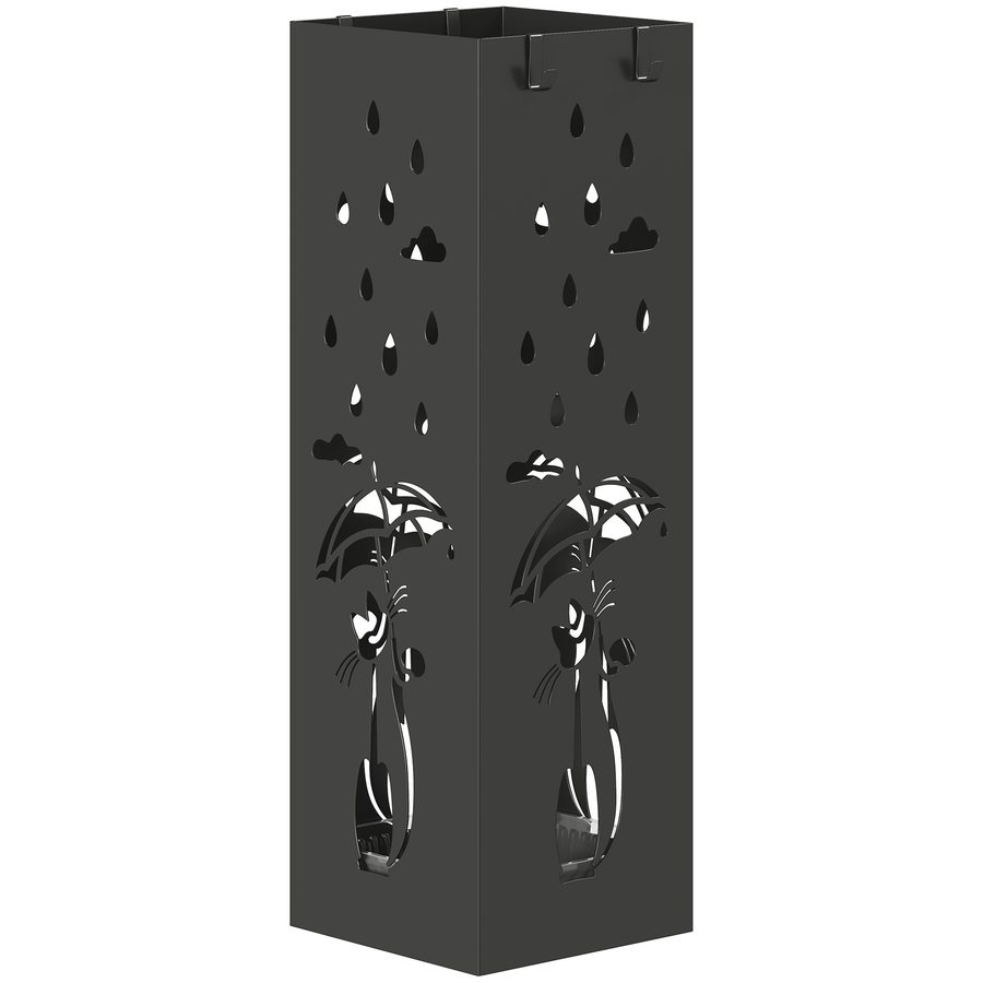 HOMCOM quadratischer Metall-Schirmständer für Eingangsbereich, freistehend mit herausnehmbarem Auffangbehälter und 4 Haken, für Innen und Außen, 15.5x15.5x49 cm, Schwarz   Aosom von HOMCOM