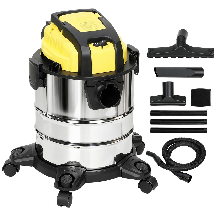 HOMCOM 3-in-1 Nass-Trockensauger 1200 W Staubsauger mit 20L Edelstahlbehälter Ø32mm Schlauchsystem Blasfunktion Dreifaches Filtersystem Rollen, Bodenstaubsauger Silber+Gelb   Aosom von HOMCOM
