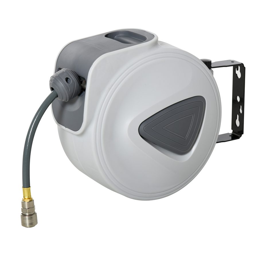 HOMCOM Automatischer Druckluft-Schlauchaufroller - Schlauch: 15 m + 1,4 m - Ø innen 3/8" (9,5 mm), 1/4" (6,35 mm) BSPT - automatische Aufroller für einziehbaren Luftschlauch Grau   Aosom von Durhand