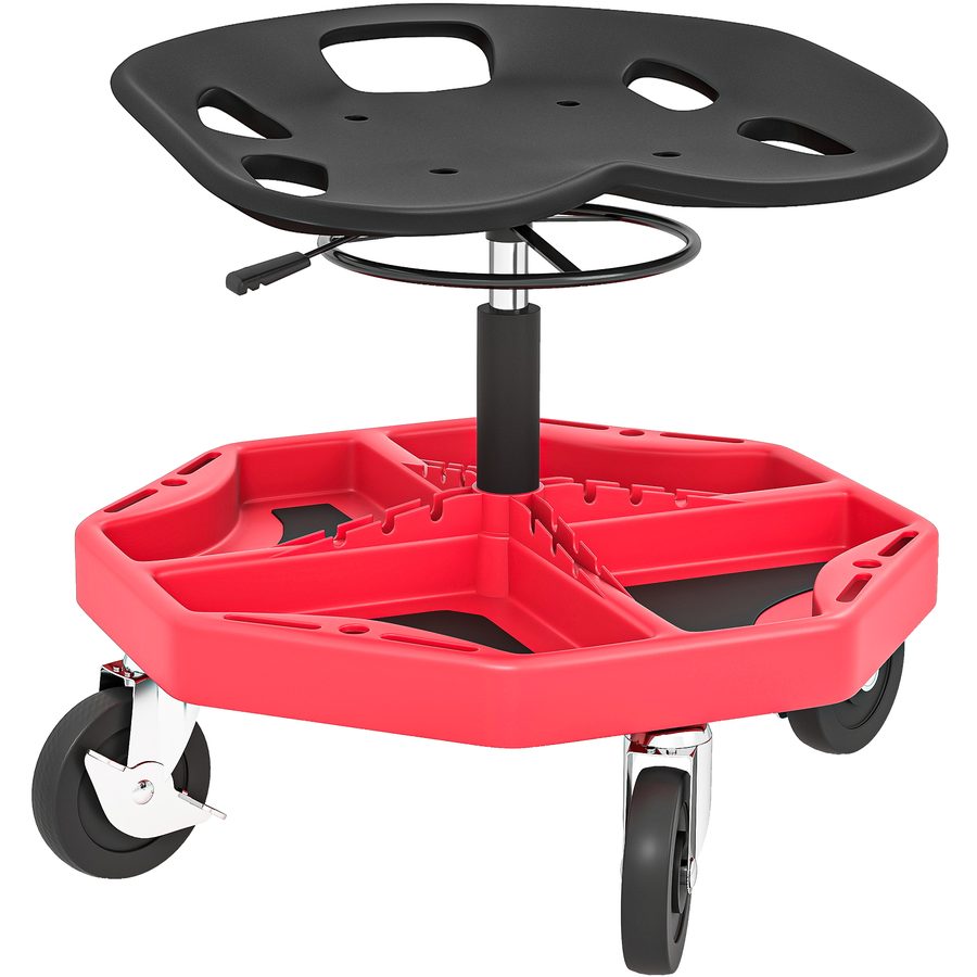 HOMCOM Werkstatthocker mit magnetischer Ablage, höhenverstellbar 52–59,5 cm, Belastbarkeit 135 kg, Hocker für Mechaniker mit Rollen, für Garage, Autoreparatur, Rot   Aosom von HOMCOM