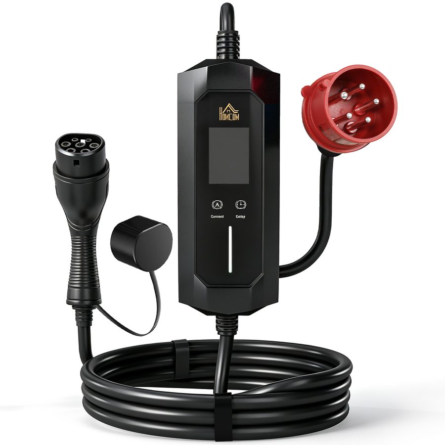 HOMCOM Mobile Wallbox 11kW 8m Typ 2 6–16 A 3-Phasig Ladekabel CEE 16A auf Typ 2 mit Einstellbarer Ladeleistung, 1-12 h Startzeitvorwahl/Ladedauer, Tasche, IP65 tragbar EV Ladegerät für EV PHEV   Aosom von HOMCOM