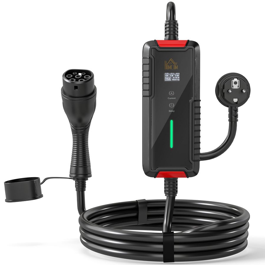 HOMCOM Ladekabel Elektroauto Typ 2 Schuko 3,5 kW 5 m, einstellbarer Strom 6-16 A, tragbares Ladegerät, Timer 1-12 h, digitales LCD, IP65, Wandhalterung, mit Tasche, für EV PHEV   Aosom von HOMCOM