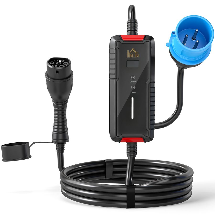 HOMCOM Ladegerät Auto Elektro, 7 kW, 8 m, 6-32A, CEE-Stecker & Europäischer Adapter - Typ-2-Ladekabel mit digitalem LCD, Zeitschaltuhr 1-12h, IP65 - Geeignet für EV/PHEV   Aosom von HOMCOM