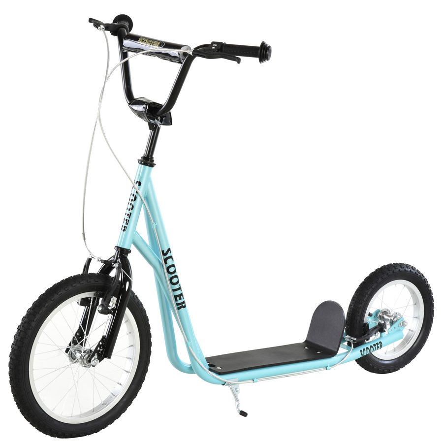 HOMCOM Trottinette Scooter Große Gummireifen Ø 40 und 30 cm Höhenverstellbarer Lenker Vorder- und Hinterradbremse Ständer Stahl Himmelblau Schwarz    Aosom von HOMCOM