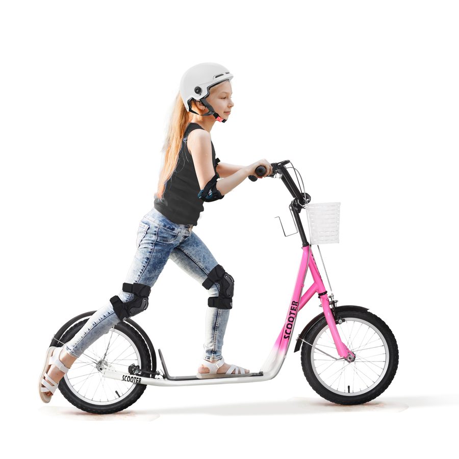 HOMCOM Kinderroller Scooter Tretroller mit Bremse Korb höhenverstellbar für 5-12 Kinder Roller Kickboard Aluminiumlegierung Gummi Rosa+Weiß   Aosom von HOMCOM