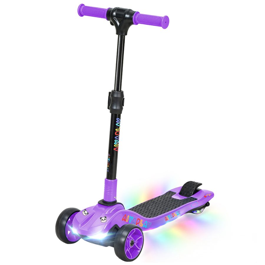 AIYAPLAY Elektrischer Kinderroller faltbar, elektrischer Roller ab 6 Jahren, 3 Räder, Nullstart, Höchstgeschwindigkeit 8 km/h, bunte LED-Lichter, Reichweite 8 km, Fußbremse, Violett   Aosom