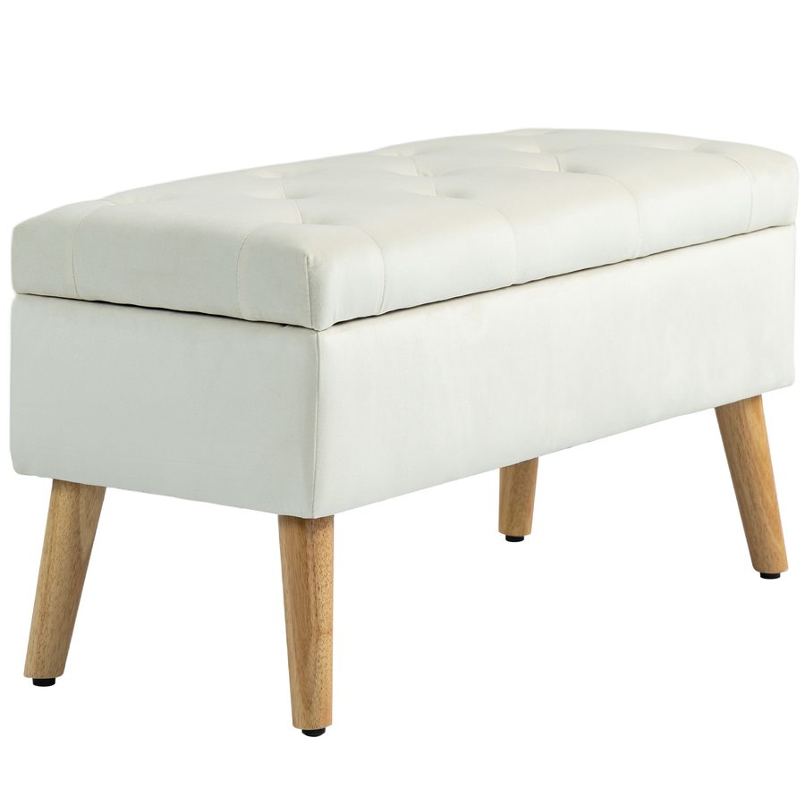 HOMCOM Aufbewahrungsbank, Truhe, mit Deckel, samtartiger Stoff, Gummibaumholzbeine, Belastbarkeit bis zu 120 kg, für Wohnzimmer, Schlafzimmer, Flur, 80 x 35 x 40 cm, Creme   Aosom von HOMCOM