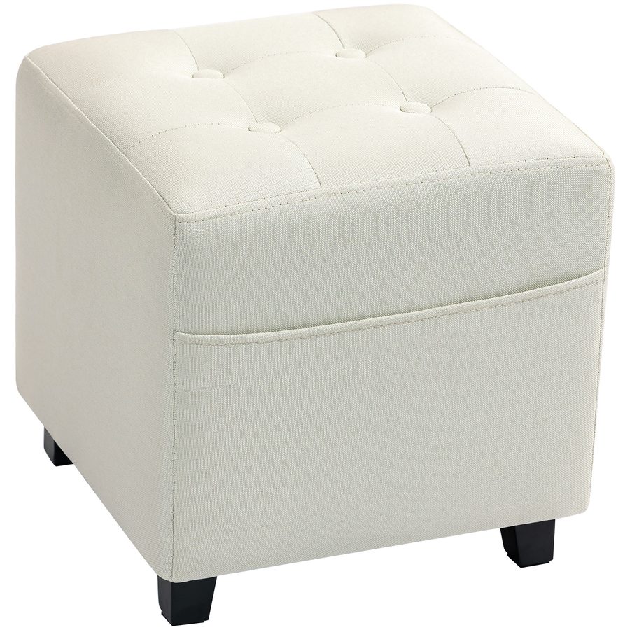HOMCOM Fußhocker für Wohnzimmer, Ottoman, gepolsterter Sitz mit Steppung in Leinenoptik mit Seitentasche, Pouf, Holzgestell, für Schlafzimmer, Flur, 35 x 35 x 35 cm, Creme   Aosom von HOMCOM