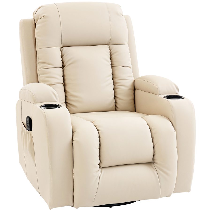 HOMCOM Relaxsessel verstellbar Massagesessel mit Liegefunktion, Heizung, Drehbar Fernsehsessel mit Wippfunktion, Becherhalter, Seitentasche, Timer, Kunstleder für Wohnzimmer Cremeweiß   Aosom von HOMCOM