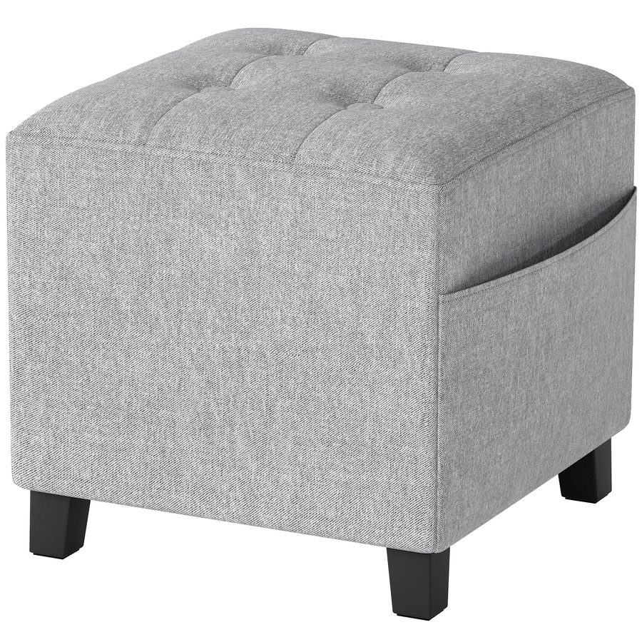 HOMCOM quadratischer Hocker mit Seitentasche, gepolstertem Sitz, Gummibaumholzbeinen, Stoff in Leinenoptik, 35 x 35 x 35 cm, Hellgrau   Aosom von HOMCOM