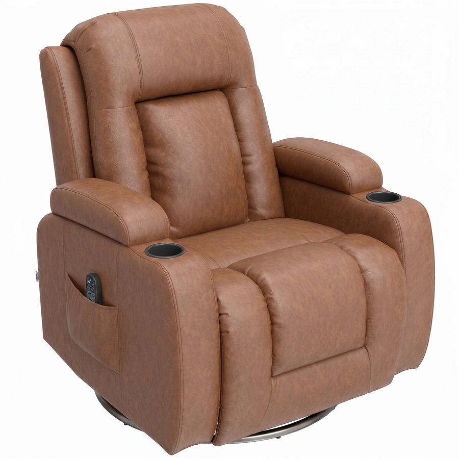HOMCOM Relaxsessel verstellbar Massagesessel mit Liegefunktion, Heizung, Drehbar Fernsehsessel mit Wippfunktion, Becherhalter, Seitentasche, Timer, Kunstleder für Wohnzimmer Hellbraun   Aosom von HOMCOM