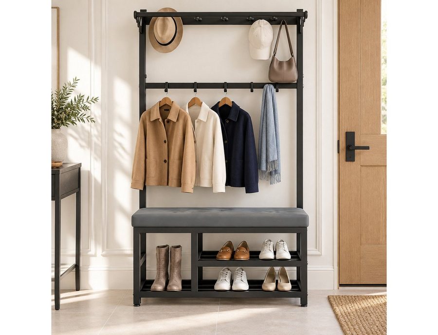 Fyrove Garderobenständer Kleiderständer, Garderobe mit Kleiderstange, Flurgarderobe, (Garderobe für den Flur, garderobe flur(Schuhregal, Garderobe),90×33×170cm), mit Sitzbank, Schuhregal, Ablage & 9 Kleiderhaken