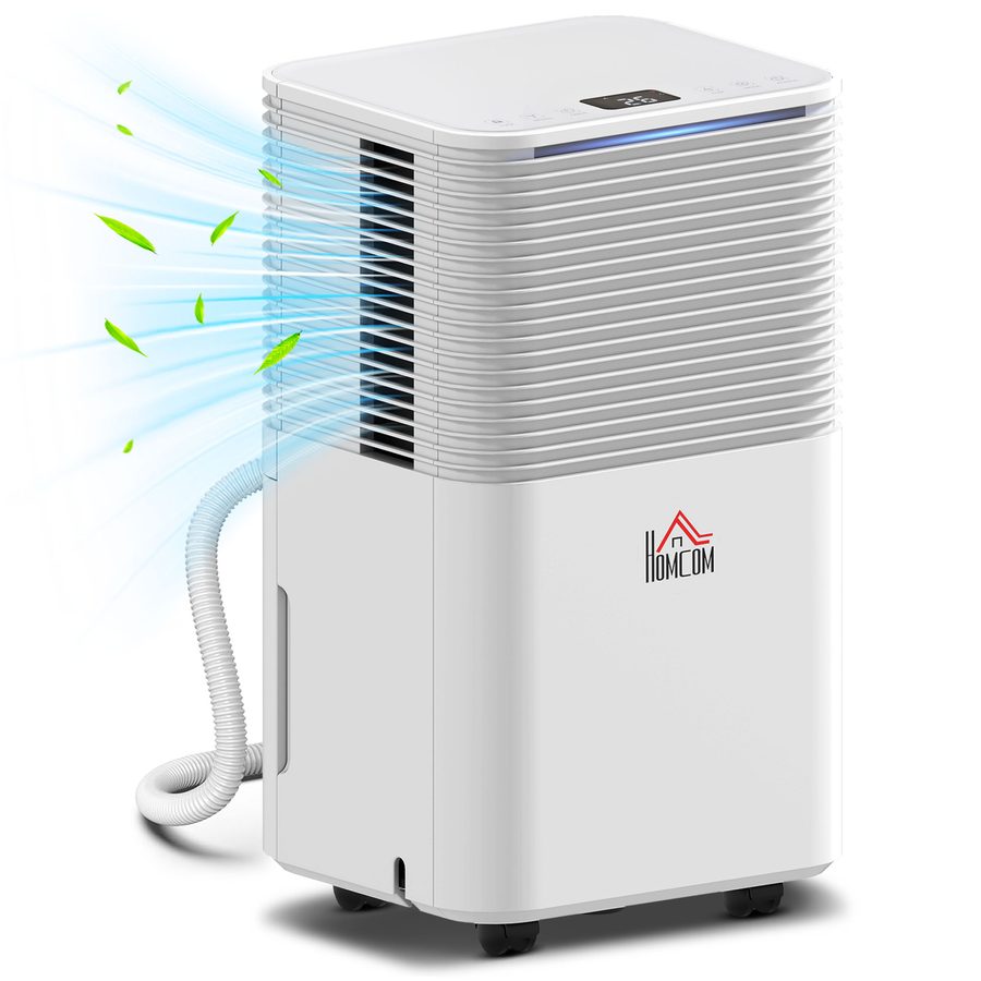 HOMCOM Luftentfeuchter 10 L/Tag, 2 L-Behälter, leise, elektrischer Luftentfeuchter mit 3 Modi, LED-Display, 24 h-Timer, Kindersicherung und Dauerentwässerung, bis 8–12 m², Weiß   Aosom von HOMCOM