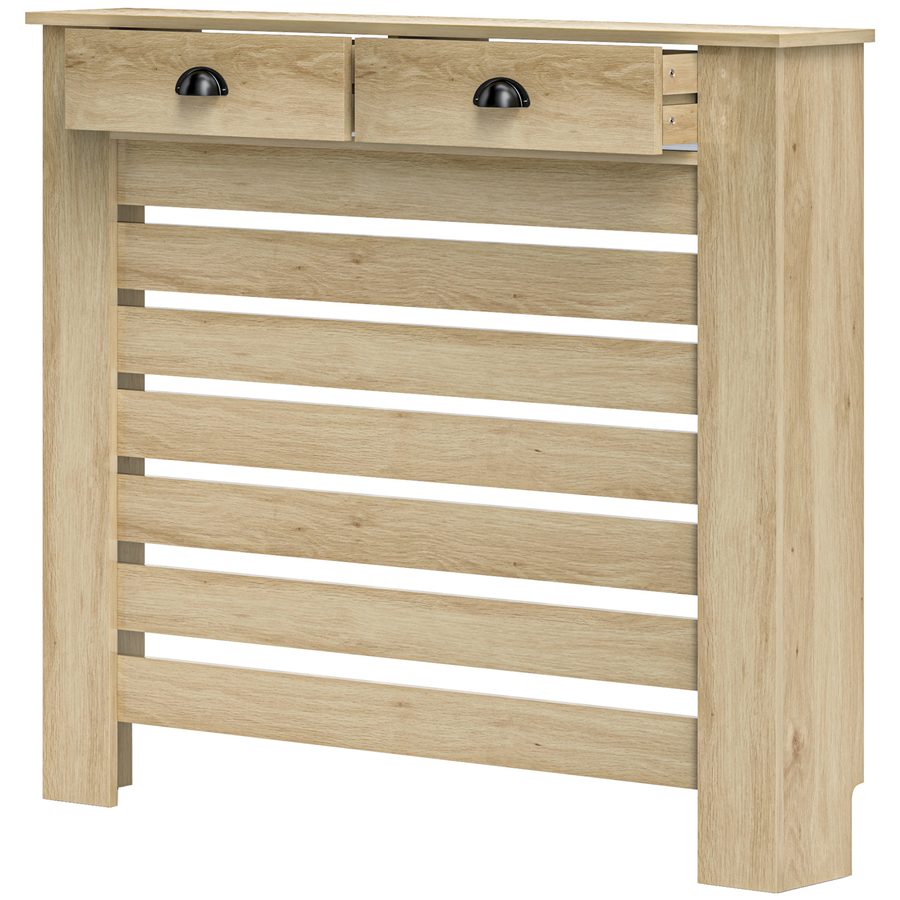 HOMCOM Heizkörperverkleidung, Heizkörperabdeckung, horizontale Lamellengitter, mit 2 Schubladen, für Wohnzimmer, Schlafzimmer, Flur, aus Holz, 111 x 19 x 95,5 cm, Eiche   Aosom von HOMCOM