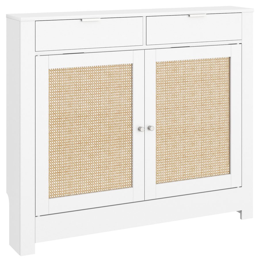 HOMCOM Heizkörperverkleidung mit Klapptüren und Rattan, Heizkörperabdeckung aus MDF, 111x19x95,5 cm, Abdeckung für Heizkörper, 2 Fächer, Boho-Design, für Wohnzimmer, Schlafzimmer, Weiß   Aosom von HOMCOM