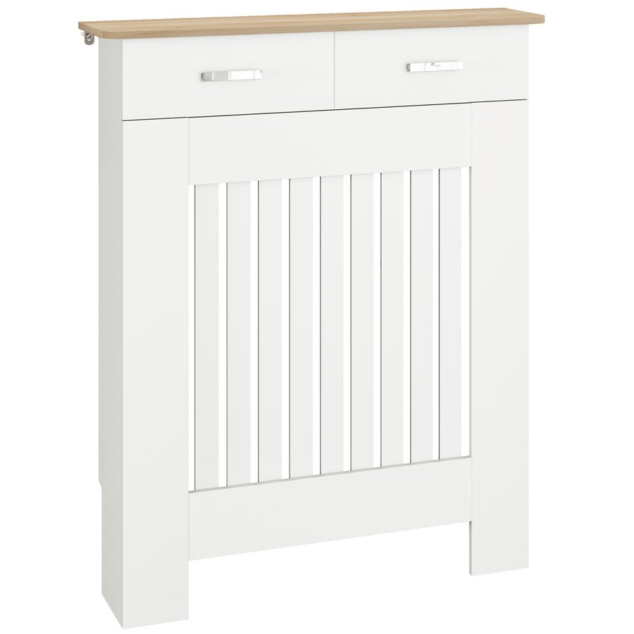 HOMCOM Moderne Lamellen-Heizkörperabdeckung mit Kippschutz und Schublade, Heizkörperverkleidung aus Holz für Wohnzimmer, Flur und Büro, 78x19x97 cm, Weiß   Aosom von HOMCOM