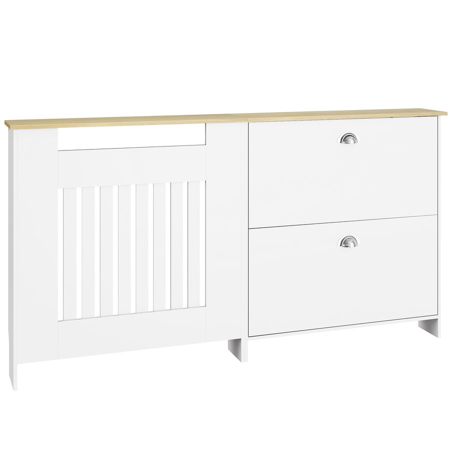 HOMCOM Heizkörperabdeckung mit Schuhschrank, Heizkörperverkleidung aus MDF, 152x19x81 cm, Heizkörperabdeckung mit 2 Klappfächern, Modernes Lamellen-Design, für Wohnzimmer, Schlafzimmer, Weiß   Aosom von HOMCOM