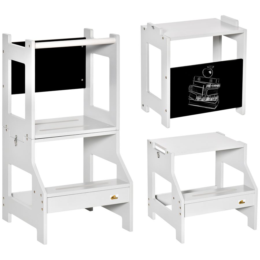 HOMCOM 3-in-1 Lernturm für Kinder, Lernturm mit Stange, hohen Sicherheitsrändern und Kreidetafel, rutschfeste Stufen, Learning Tower, geeignet für Kinder von 3 bis 6 Jahren, grau   Aosom von HOMCOM