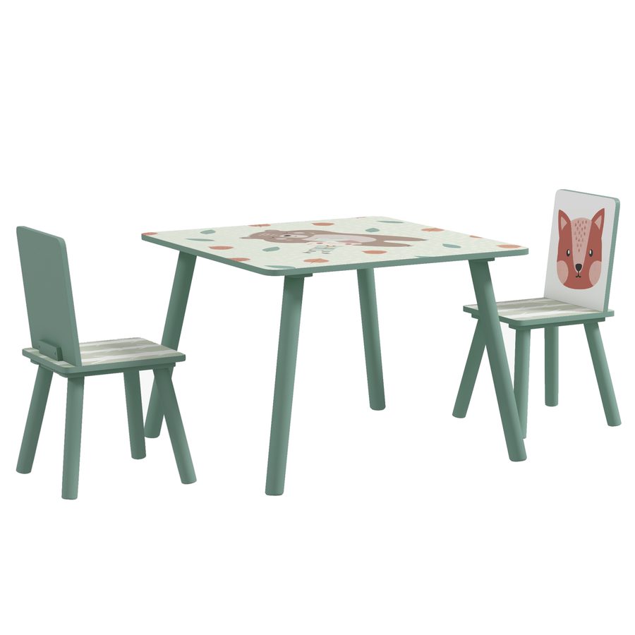 ZONEKIZ Kindertisch und 2 Stühle für Kinder 3-8 Jahre Set 3-teilig Tiermotiv für Schlafzimmer Spielzimmer mit massiven grünen Holzbeinen   Aosom von ZONEKIZ
