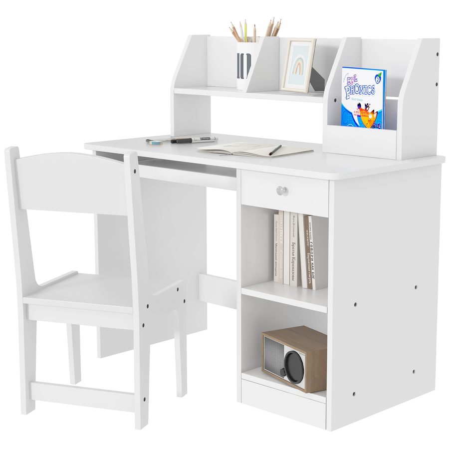 ZONEKIZ Ensemble bureau et chaise pour enfant 5-8 ans mit vielen Stauräumen, ausziehbarer Ablage und Schublade Ideal zum Schreiben, Lesen und Zeichnen in Weiß   Aosom von ZONEKIZ