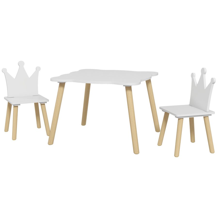 AIYAPLAY Set Tisch und 2 Stühle für Kinder 3-6 Jahre, Gewellter Kindertisch und Stühle mit Krönchen-Rückenlehne, Weiß   Aosom von AIYAPLAY