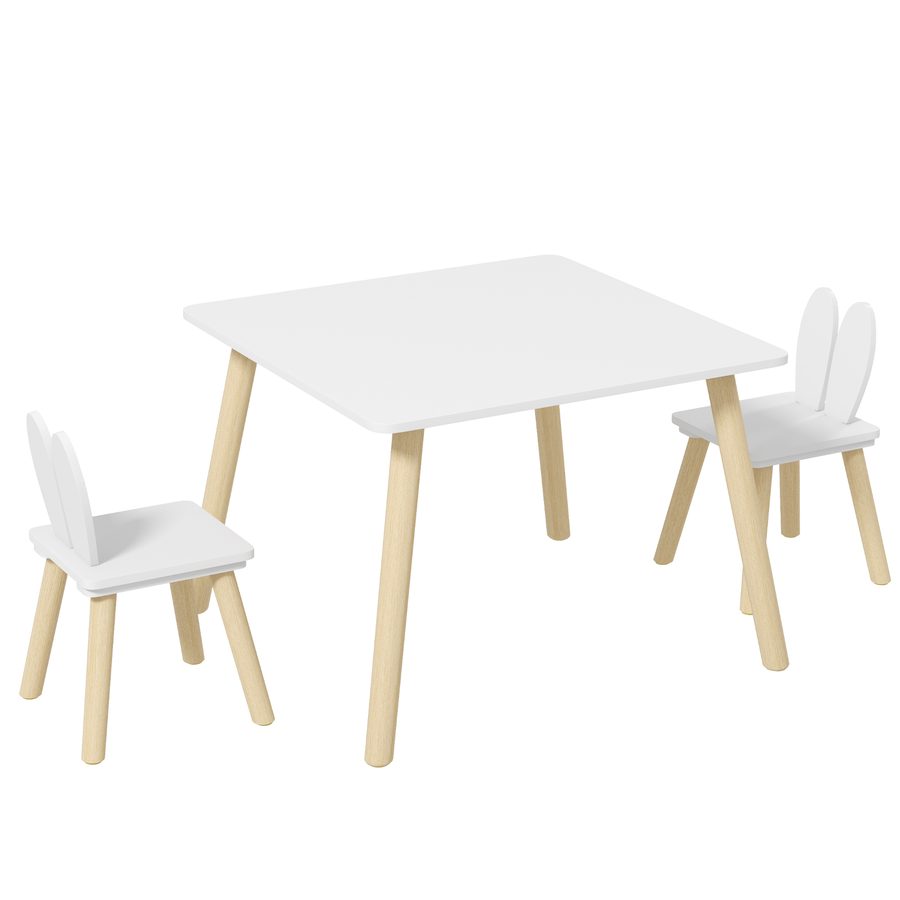 AIYAPLAY Kinder-Tisch- und 2-Stühle-Set Kindertisch mit 2 Stühlen skandinavisches Design mit Hasenohrenmuster Kieferholz Weiß   Aosom von AIYAPLAY