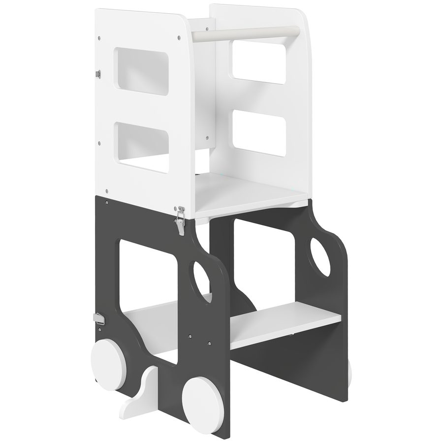 AIYAPLAY Montessori-Leiter 4 in 1 Faltbar für Kinder 3-6 Jahre mit 2 Tafeln und Tisch- und Stuhlset, Auto-förmige Montessori-Turm aus MDF und Kiefernholz, 58x46x92 cm, Weiß   Aosom von AIYAPLAY