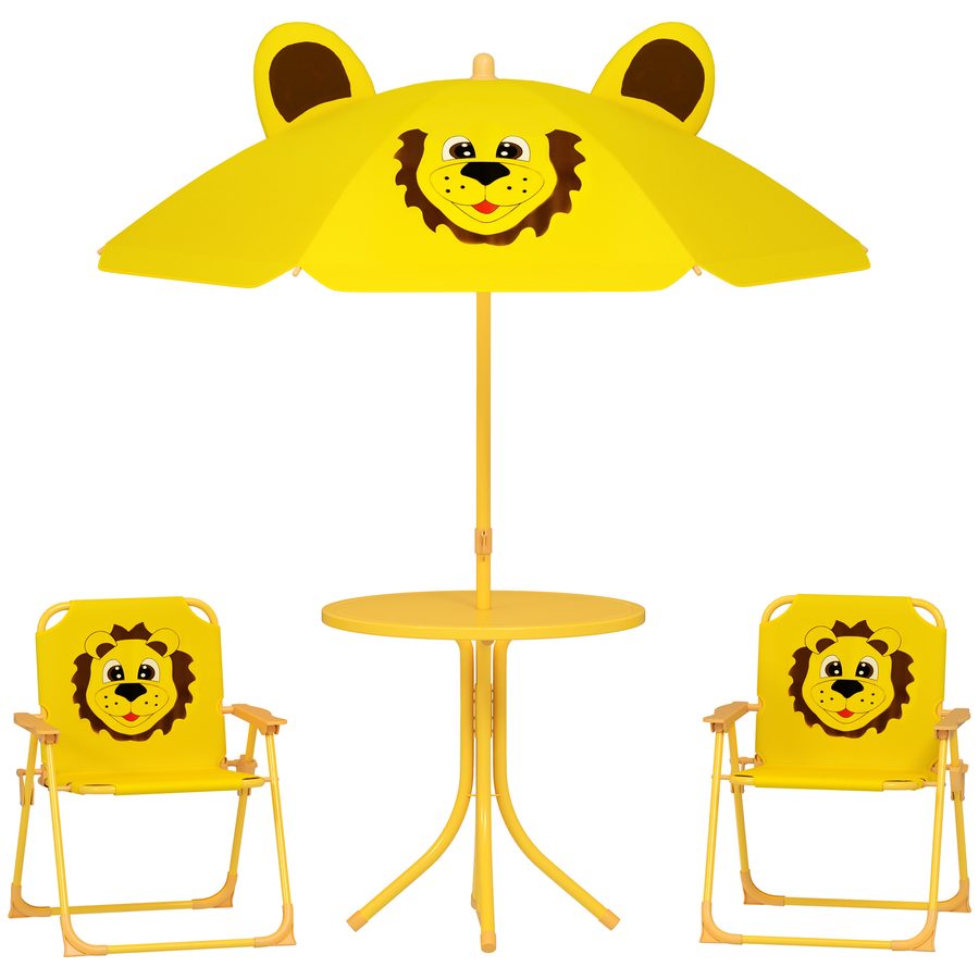 AIYAPLAY 4 tlg. Kindersitzgruppe Garten Kindersitzgarnitur mit höhenverstellbarem Sonnenschirm, Gartentisch, 2 Klappstühle, Löwen-Design für 2-5 Jahre Kinder, Gelb   Aosom von AIYAPLAY