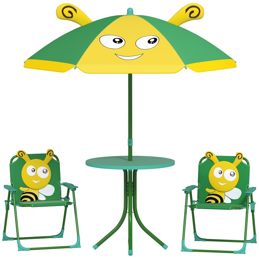 AIYAPLAY 4er Set Kindersitzgruppe Garten Kindersitzgarnitur mit 2 Klappstühle, höhenverstellbarem Sonnenschirm, Gartentisch, Bienen-Muster für 2-5 Jahre Kinder, Grün   Aosom von AIYAPLAY