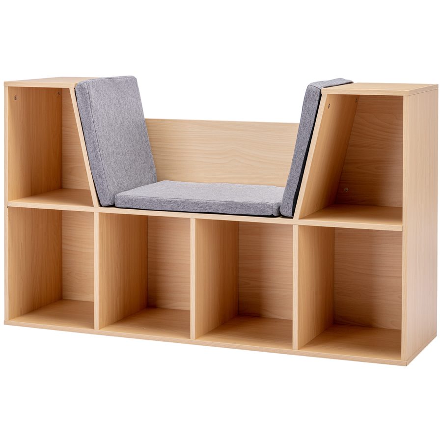 HOMCOM Kinderregal Bücherregal mit Sitzhocker Kindersitzbank mit 6 Fächern Sitztruhe mit 3 Kissen Spielzeugkiste ab 3 Jahren Grau+Natur 103 x 30 x 62 cm   Aosom von HOMCOM