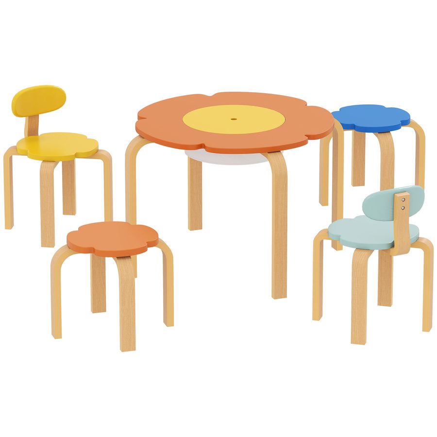 AIYAPLAY Kindertisch Holz mit 4 Stühlen 5-teilig Kindersitzgruppe mit integriertem Stauraum, blumenförmige Kindermöbel Kinder Tisch Stuhl Set Sitzgruppe für Kinderzimmer, für 3-8 Jahre Kinder, Bunt   Aosom von AIYAPLAY
