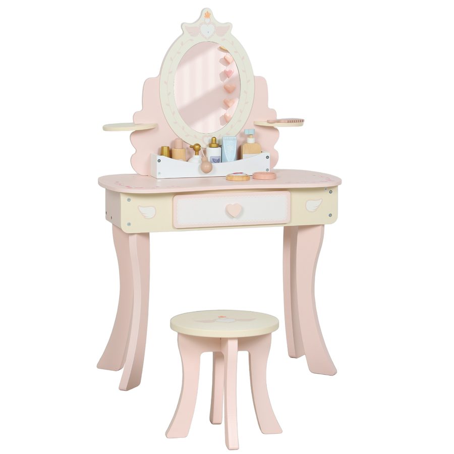 AIYAPLAY Schminktisch Kinder, Schminktisch-Set mit Hocker, Schublade, abnehmbarem Spiegel, Frisiertisch mit Regal, 7 Spielzubehörteilen, 2-in-1-Kosmetiktisch für Kinder ab 3 Jahre, Rosa   Aosom von AIYAPLAY