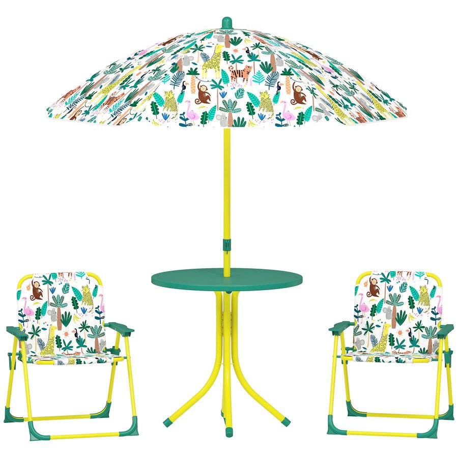AIYAPLAY Kindersitzgruppe mit Sonnenschirm Höhenverstellbar Kindersitzgarnitur Kindertisch mit 2 Klappstühlen Sitzgarnitur Kinder Sitzgruppe Outdoor Gartenmöbel für Garten Strand, Grün   Aosom von AIYAPLAY