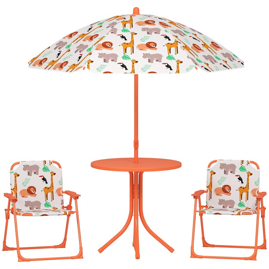 AIYAPLAY Kinder-Gartenmöbel-Set, Kindertisch mit 2 klappbaren Stühlen und Sonnenschirm Ø 100 cm, Tiermotiv, tragbares Outdoor-Möbel, Geschenk für Jungen und Mädchen 2–5 Jahre, Orange   Aosom von AIYAPLAY