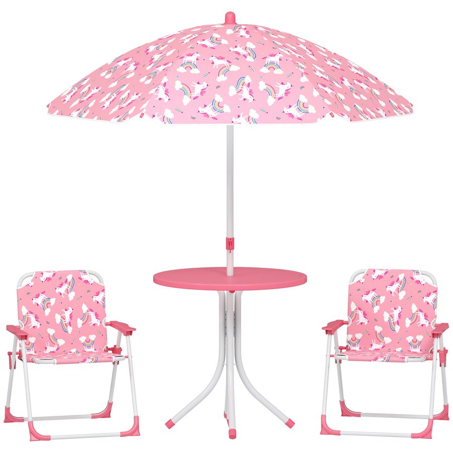 AIYAPLAY Kindersitzgruppe mit Sonnenschirm Höhenverstellbar Kindersitzgarnitur Kindertisch mit 2 Klappstühlen Sitzgarnitur Kinder Sitzgruppe Outdoor Gartenmöbel für Garten Strand, Rosa   Aosom von AIYAPLAY