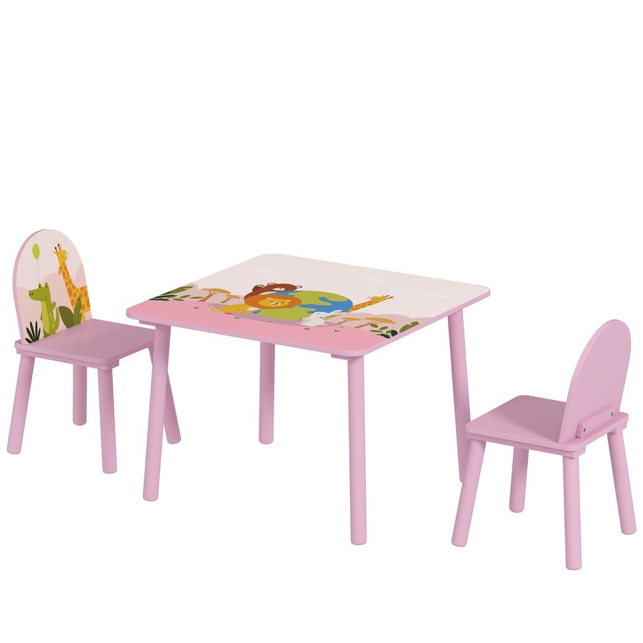 AIYAPLAY Tisch- und Stuhlset für Kinder 3–8 Jahre mit Tiermotiven und abgerundeten Kanten, Kinderstühle und -tisch aus MDF und Kiefernholz, Rosa   Aosom von AIYAPLAY