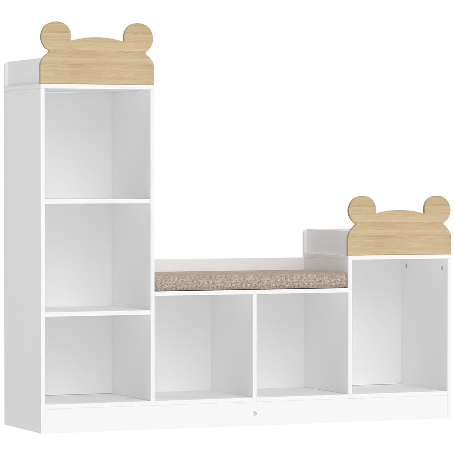 AIYAPLAY Kinderregal mit Leseecke, 3-in-1 Aufbewahrungsmöbel mit Bank, 6 Compartiments, 2 offene Ablagen, Sitzkissen, für Schlafzimmer, Spielzimmer, 121x30x106cm, Weiß   Aosom von AIYAPLAY