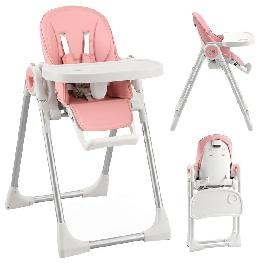 AIYAPLAY Mitwachsender Hochstuhl für Kinder 6-36 Monate/15 kg, Klappbarer, verstellbarer Hochstuhl, Höhen- und Fußstützenverstellbar, Doppel-Tablett abnehmbar & spülmaschinengeeignet, Räder, 5-Punkt-Gurt, Rosa   Aosom von AIYAPLAY