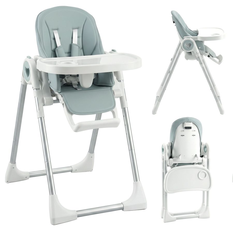 AIYAPLAY Kinderhochstuhl 6-36 Monate/15 kg, klappbar, verstellbar in Höhe und Fußstütze, doppeltes spülmaschinengeeignetes Tablett, Rollen, 5-Punkt-Gurt, Grün   Aosom von AIYAPLAY