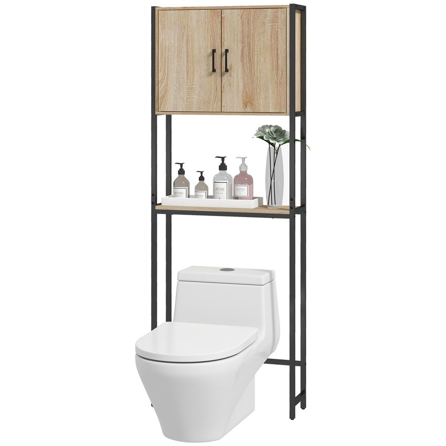 kleankin Toilettenregal Badezimmermöbel über Toilette WC mit 2 Türen und offenem Regal Maße 64L x 19B x 178H cm Eiche und Schwarz   Aosom von Kleankin