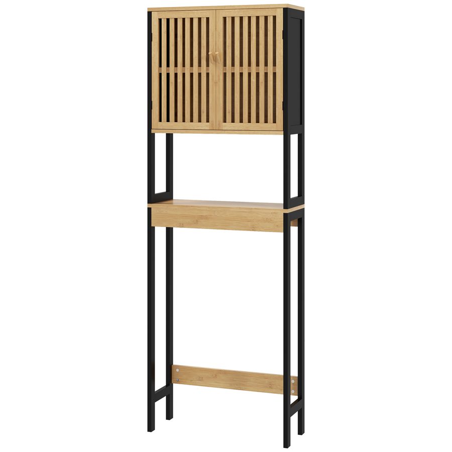 kleankin Toilettenregal Badezimmer über Toilette WC mit 2 Türen und offenem Regal 60L x 21,5B x 172H cm Bambus - Naturholz und Schwarz   Aosom von HOMCOM