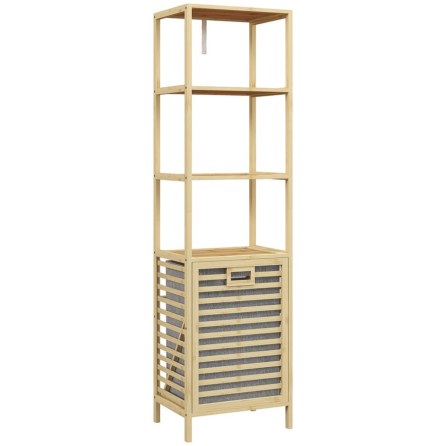 HOMCOM Badregal Bambus, 44 x 33 x 160cm, platzsparend，mit 3 offenen Ablagen, ausziehbarem Stoffkorb, Kippschutz, höheren Sockel, Natur  Aosom von HOMCOM