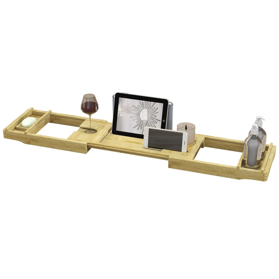 HOMCOM Badewannenregal ausziehbarer Bambus mit Getränkehalter und Seifenschale, 75-109 x 23 x 4,5 cm, Naturholzoptik   Aosom von HOMCOM
