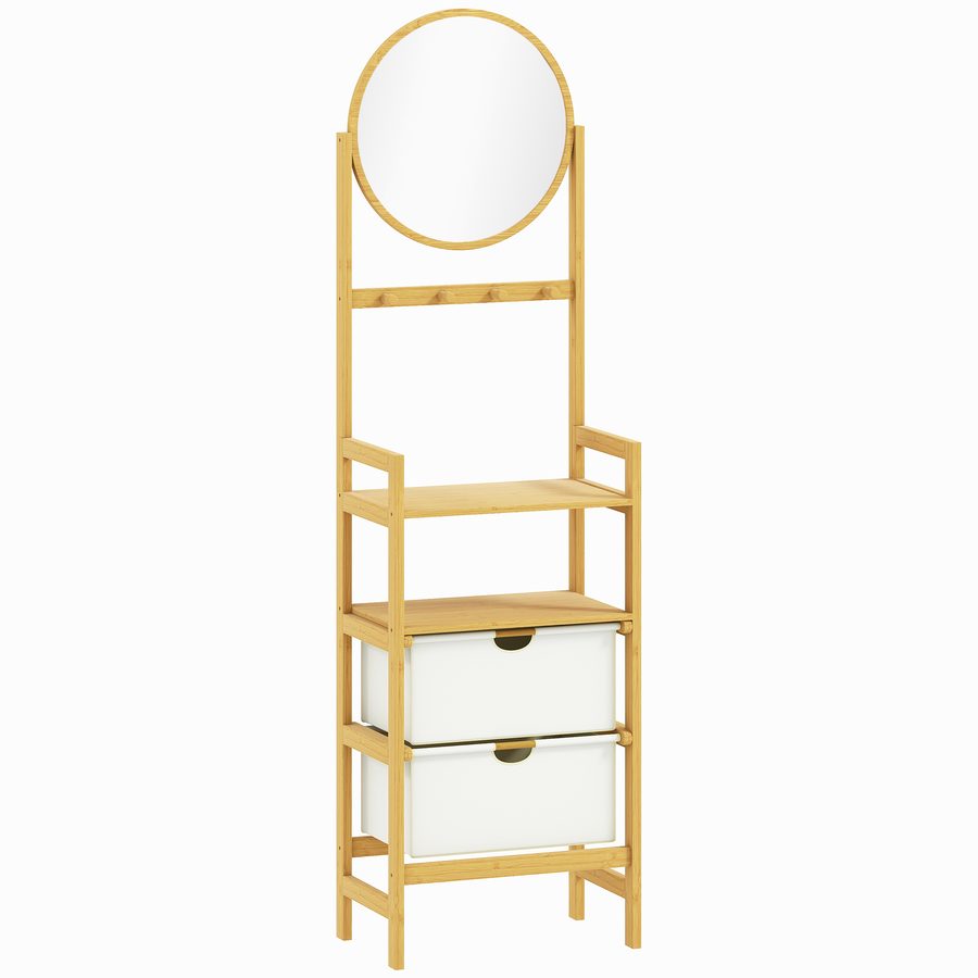 HOMCOM Bambus-Badregal mit Spiegel, Aufbewahrungsregal mit 4 Haken, 2 offenen Regalböden und 2 Stoffschubladen für Küche, Bad, Wohnzimmer 48,5x30x170 cm Natur   Aosom von HOMCOM