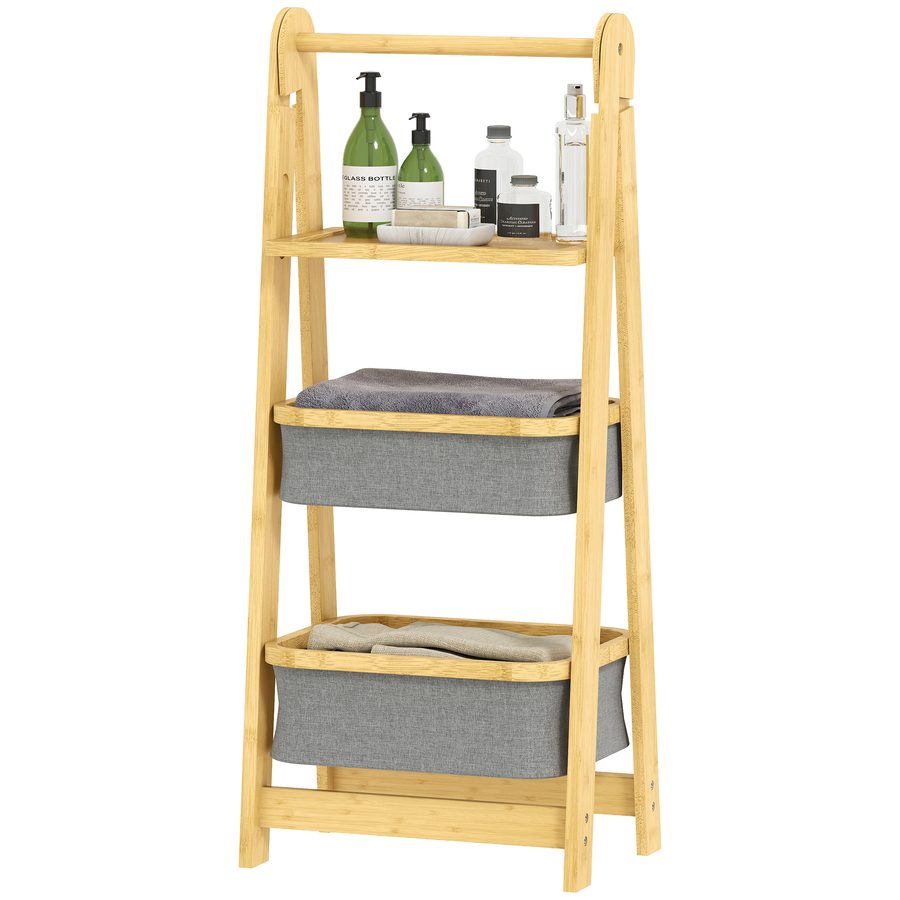 HOMCOM Bambus Badezimmerregal Faltbar, Badezimmerregal mit 2 Wäschekörben, Offenes Regal, für Schlafzimmer, Waschküche, Grau   Aosom von HOMCOM