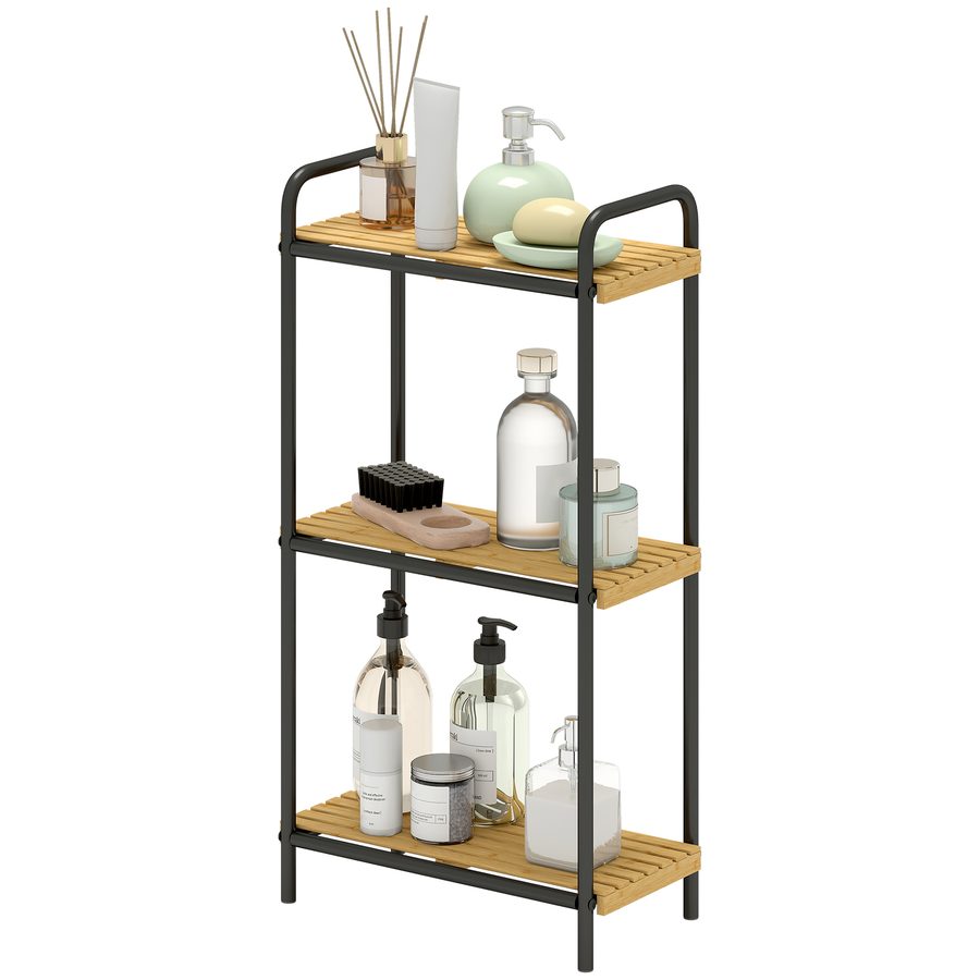 HOMCOM Bambus Badezimmerregal mit 3 Ebenen Aufbewahrungsetagere mit 3 offenen Regalen Lamellendesign und Stahlstruktur für Küche Badezimmer Wohnzimmer 41,5x21,5x77,5 cm Natur und Schwarz   Aosom von HOMCOM