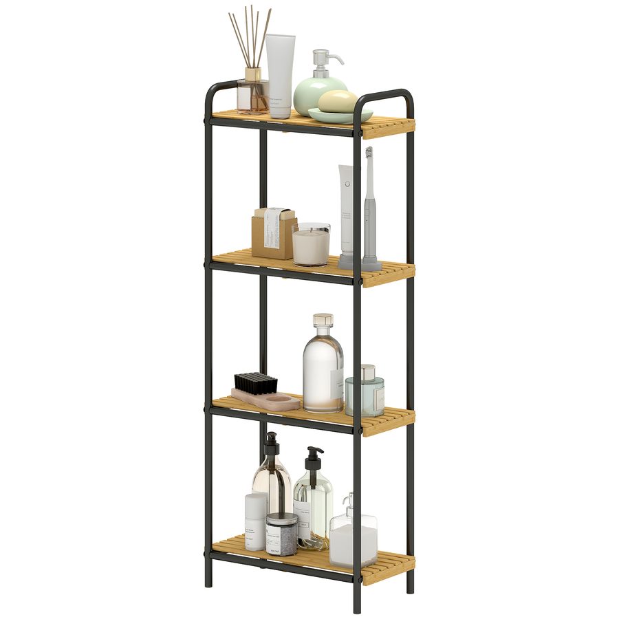 HOMCOM Bambus Badezimmerregal mit 4 Ebenen Lagerregal mit 4 offenen Regalen Lamellendesign und Stahlstruktur für Küche Badezimmer Wohnzimmer 41,5x21,5x106 cm Natur und Schwarz   Aosom von HOMCOM