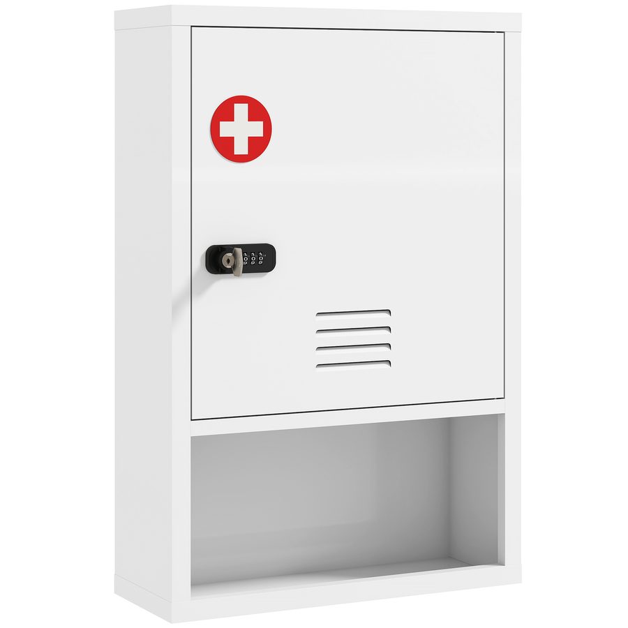 HOMCOM Medizinschrank, Medikamentenschrank mit Zahlenschloss, 3 Regalen, abschließbarer Erste-Hilfe-Schrank mit belüfteter Tür für Küche, Bad, Wohnzimmer, Stahl, 60 x 40 x 15 cm, Weiß   Aosom von HOMCOM